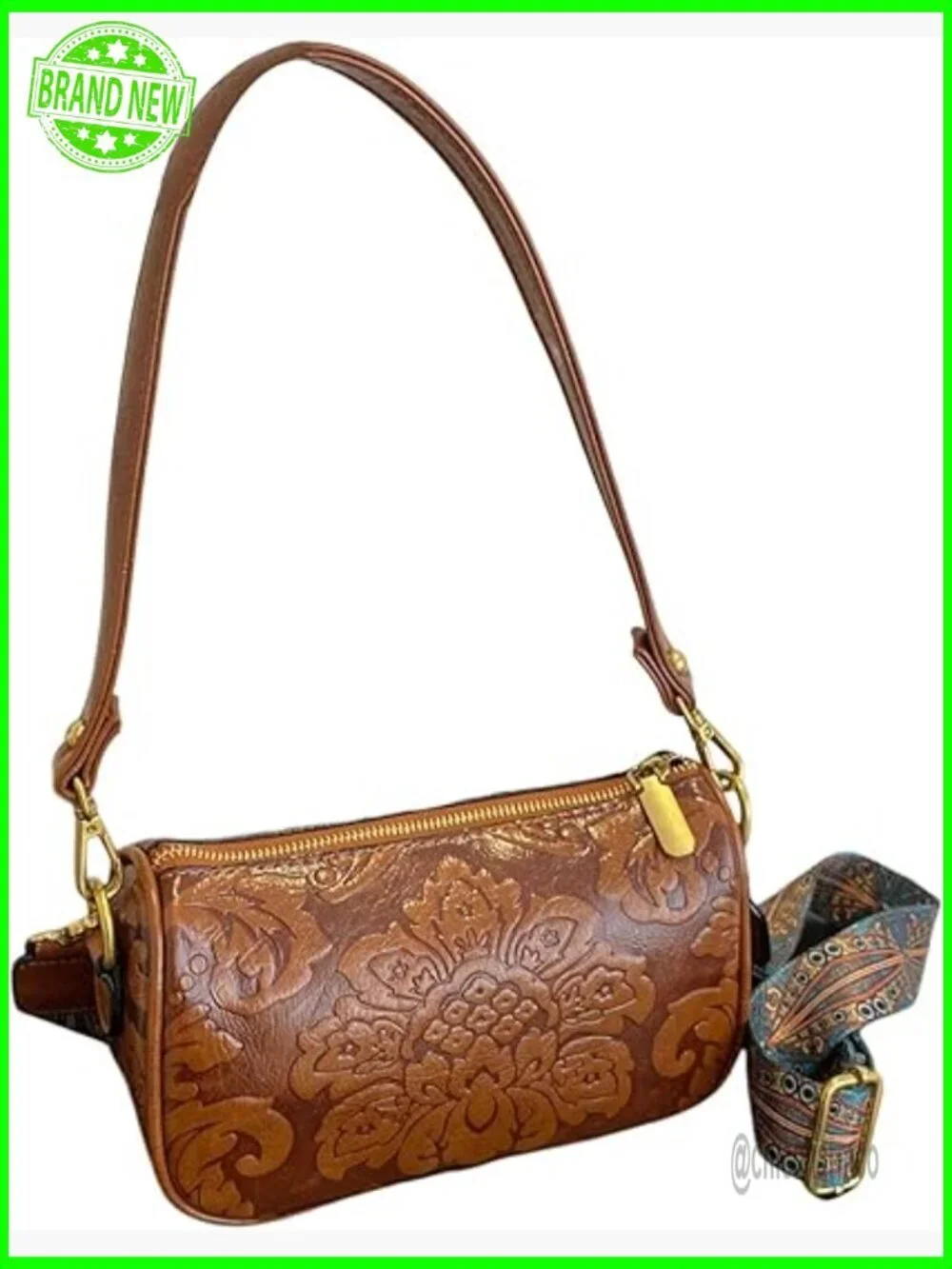 Vintage Western Tooled Leather Crossbody Bag Floral Zipper Hobo Purse